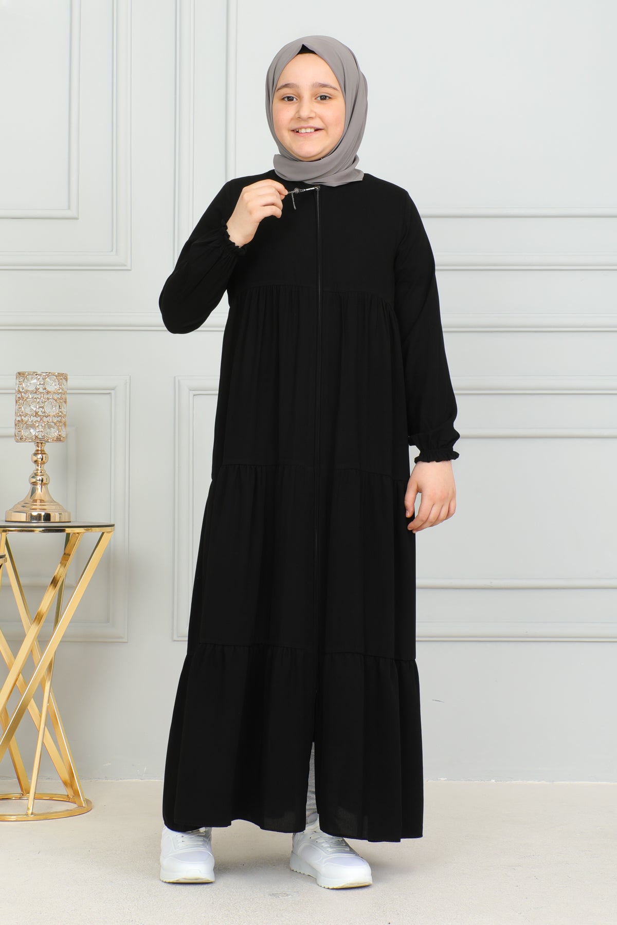 Three‑Tiered Girls’ Medine Silk Ferace Black - ANM4002