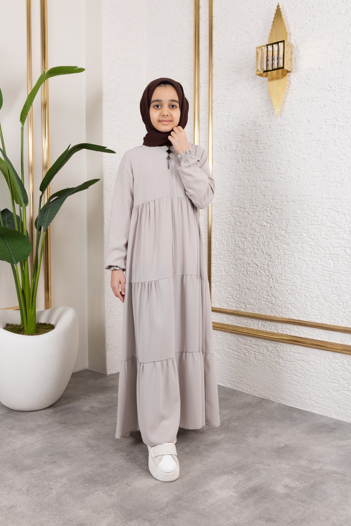 Three‑Tiered Girls’ Medine Silk Ferace Beige- ANM4002